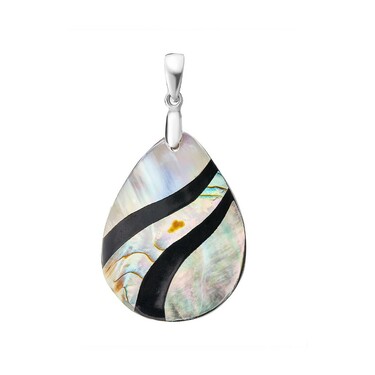 Серебряная овальная подвеска с перламутром, бело-темно-зеленая мозаика с черной волной