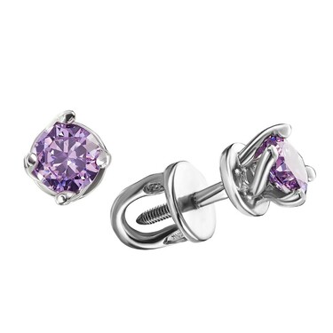 Серебряные серьги / Пусеты / Гвоздики с фиолетовым фианитом, родий