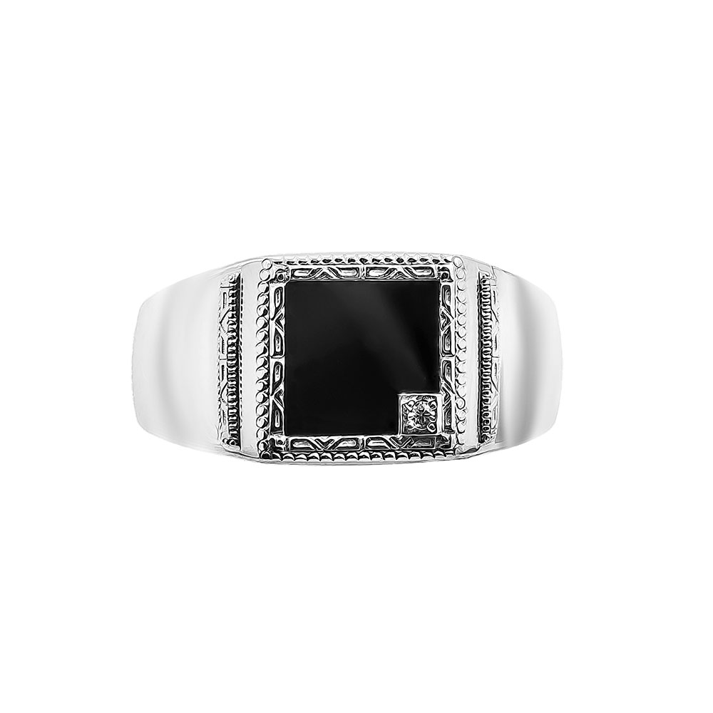 Серебряная мужская печатка с фианитами Кольцо,Перстень,Серебро,с вставкой Белая цвета,РОССИЯ