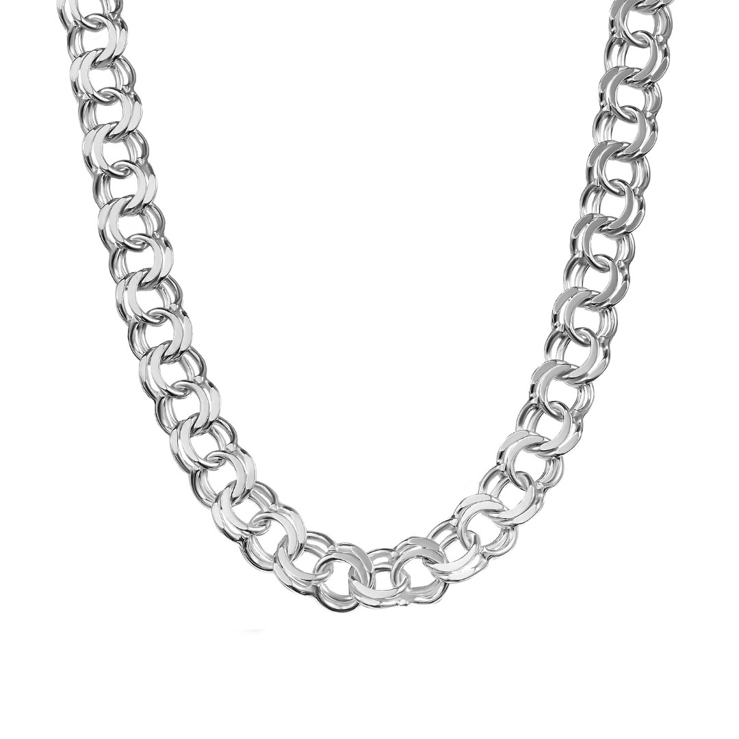 Серебряная светлая цепь, плетение плоский Бисмарк, серебрение, ширина 0,75 см Цепочка на шею,Серебро,с замком Карабинный,ИТАЛИЯ