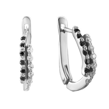 Серебряные серьги с белыми и черными фианитами, родий