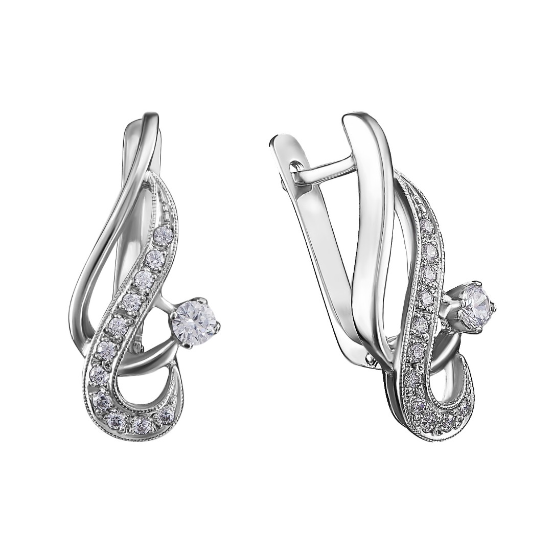 Серебряные серьги с фианитом, родий Серьги,Серебро,с вставкой Фианит,с замком Английский,РОССИЯ