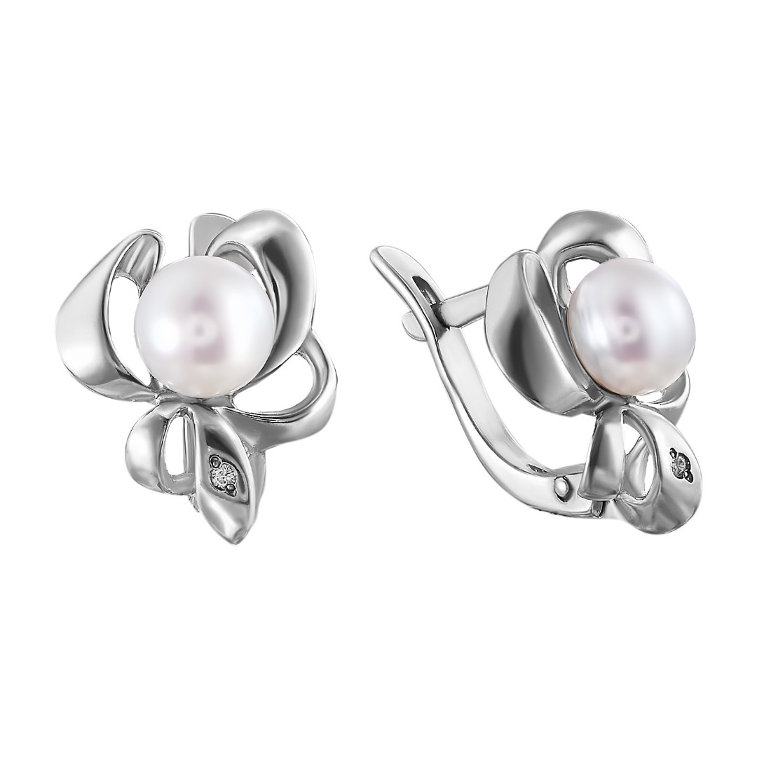 Серьги,Серебро,с вставкой Фианит,Жемчуг натуральный,с замком Английский,РОССИЯ