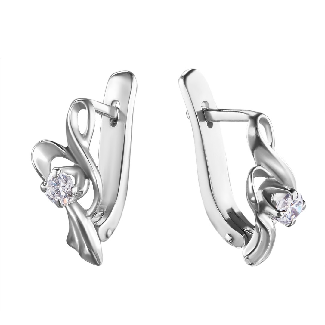 Серебряные серьги с фианитом, родий Серьги,Серебро,с вставкой Фианит,с замком Английский,РОССИЯ