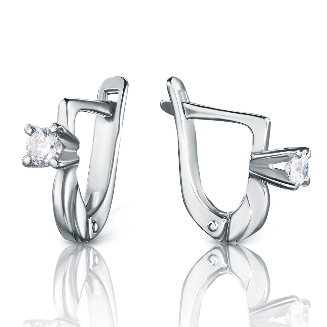 Серебряные серьги с фианитом, родий Серьги,Серебро,с вставкой Фианит,с замком Английский,РОССИЯ