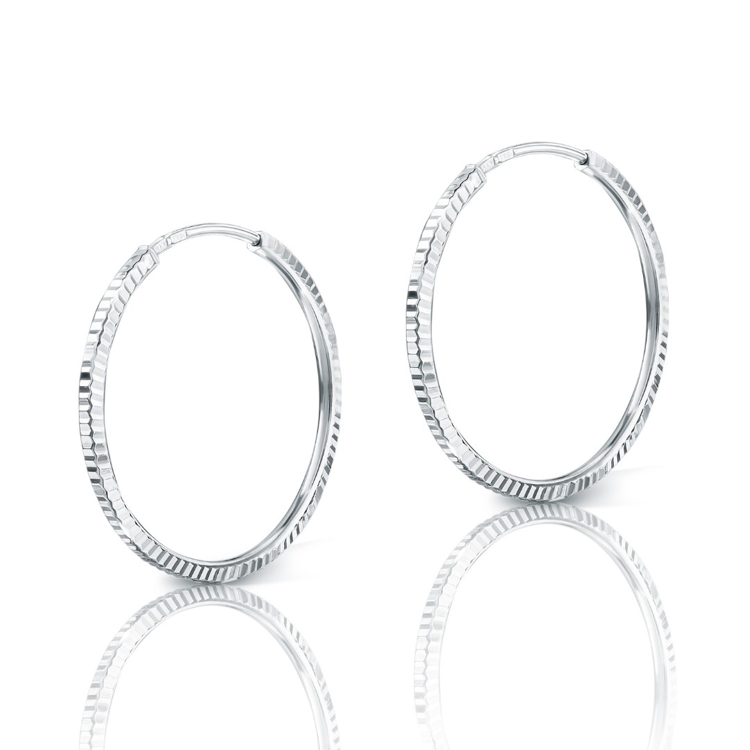 Серебряные классические серьги Кольца / Конго / Круглые с алмазной гранью,платинирование, 2,5 см Серьги,Серебро,с вставкой Без вставок,с замком Кольцо,Конго,РОССИЯ