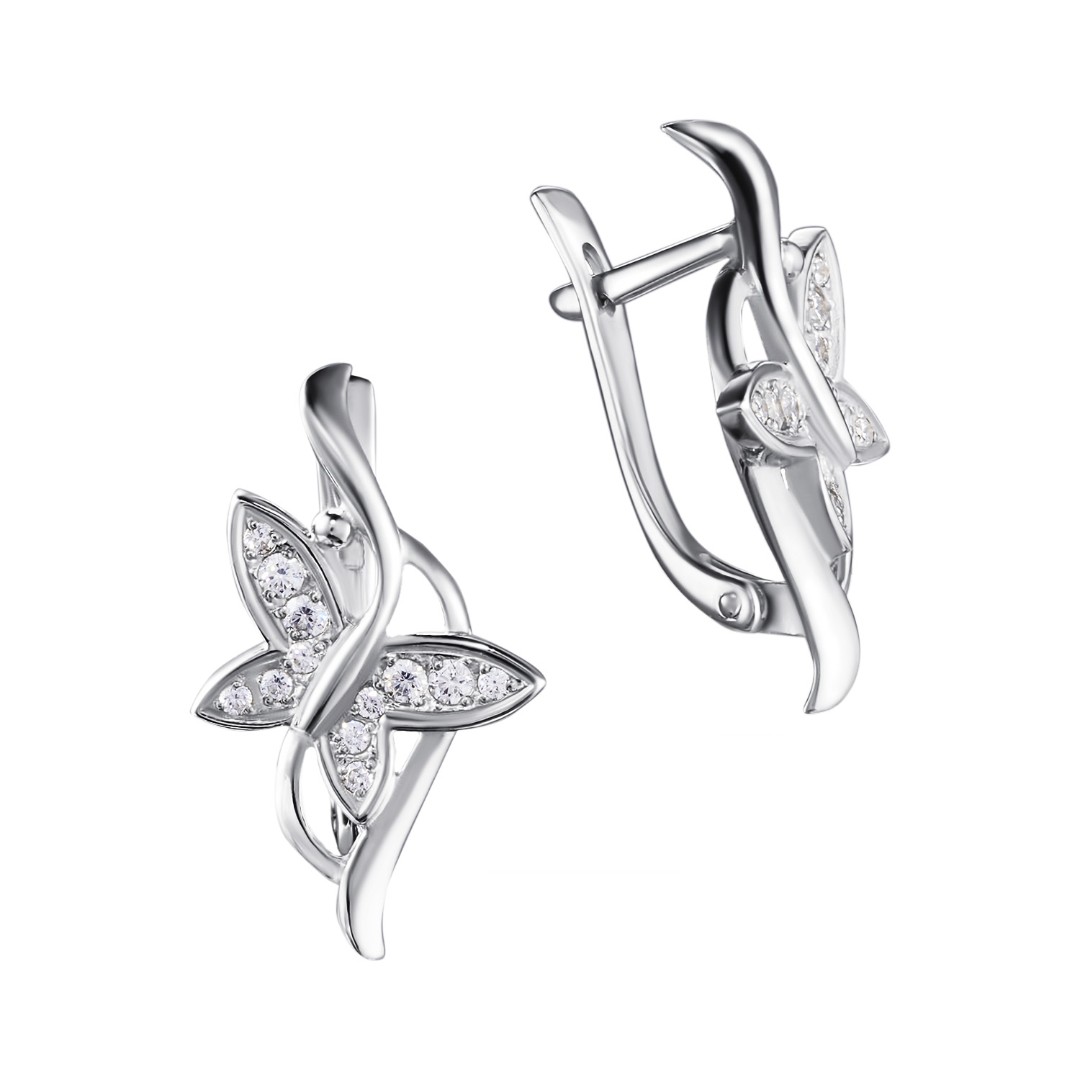 Серьги,Серебро,с вставкой Фианит Белая цвета,с замком Скоба,РОССИЯ