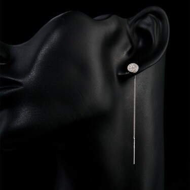 Серебряные длинные серьги-протяжки с фианитами, покрытие родием