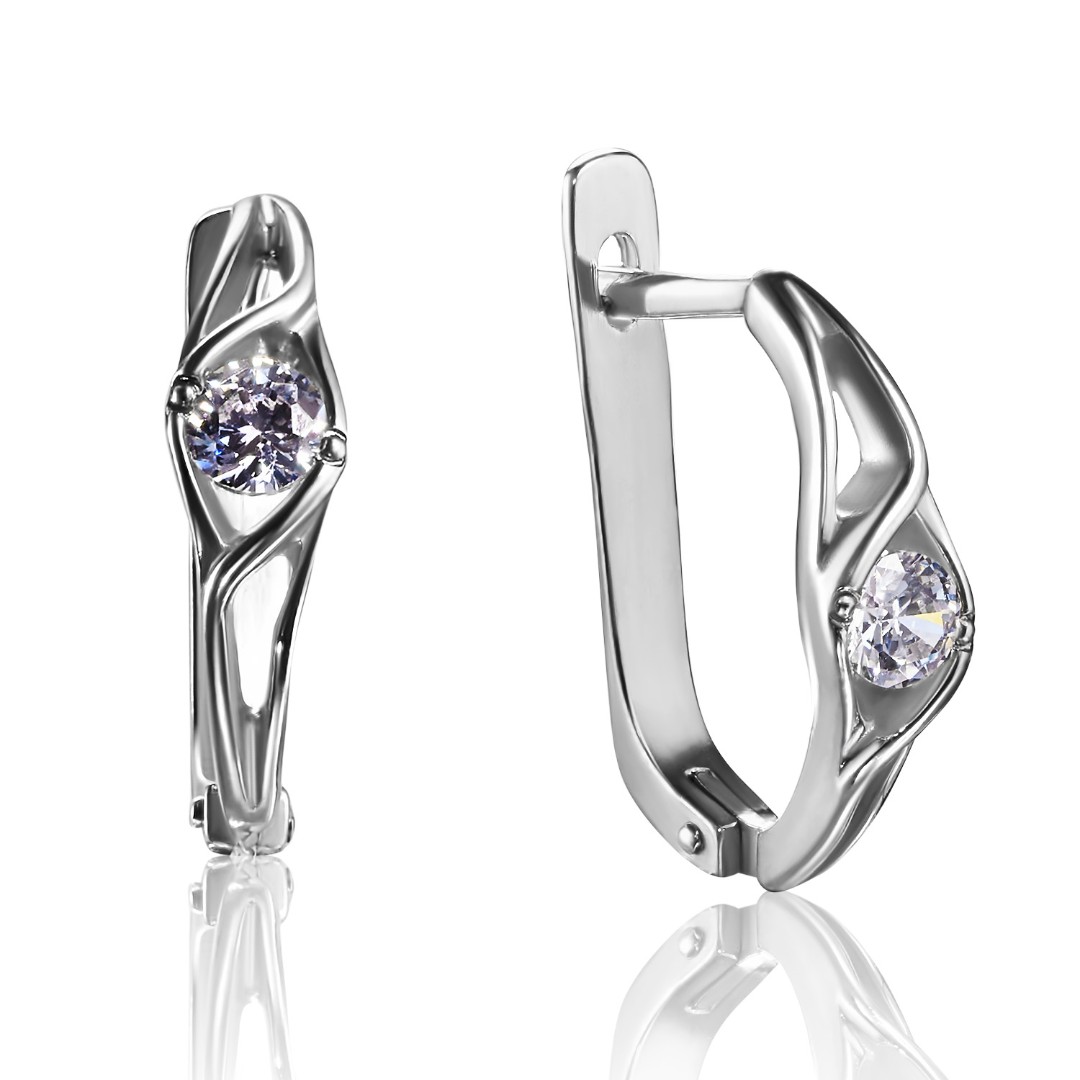 Серебряные серьги с фианитом, родий Серьги,Серебро,с вставкой Фианит,с замком Английский,РОССИЯ