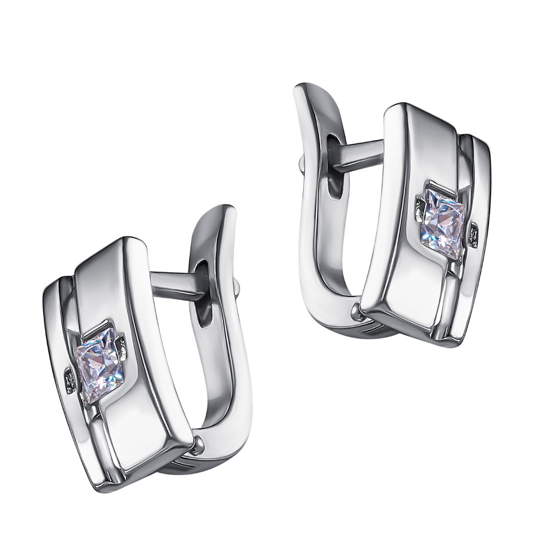 Серебряные серьги с фианитом, родий Серьги,Серебро,с вставкой Фианит,с замком Английский,РОССИЯ