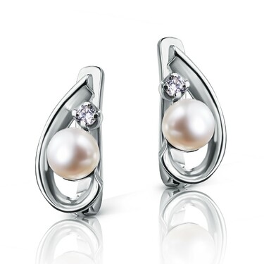 Серебряные серьги с фианитом и жемчугом, родий