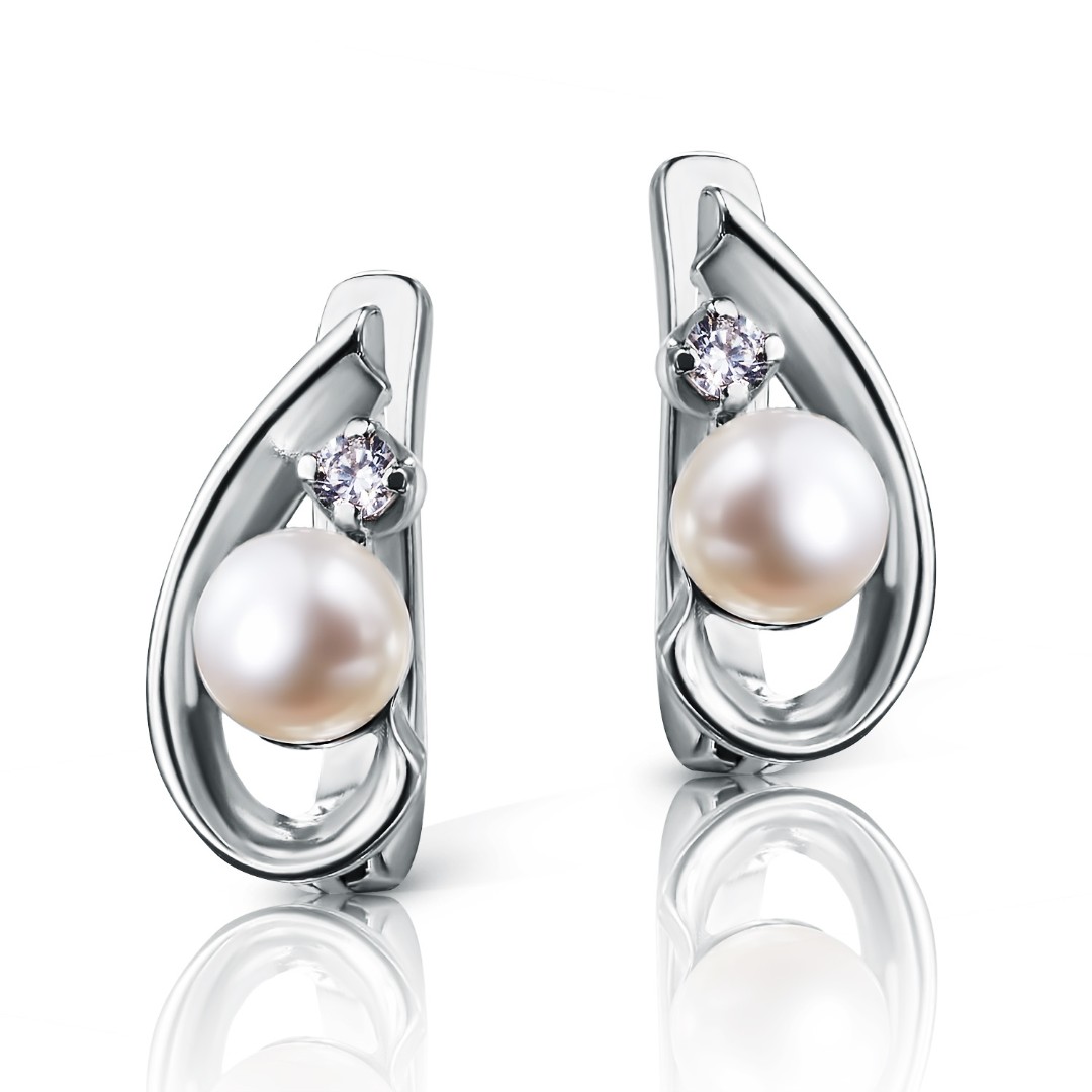 Серьги,Серебро,с вставкой Фианит,Жемчуг культивированный,с замком Английский,РОССИЯ