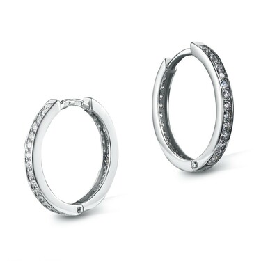 Серебряные серьги Кольца / Конго / Круглые / Хаггисы / Дорожка с фианитами, диаметр 2 см, в родии