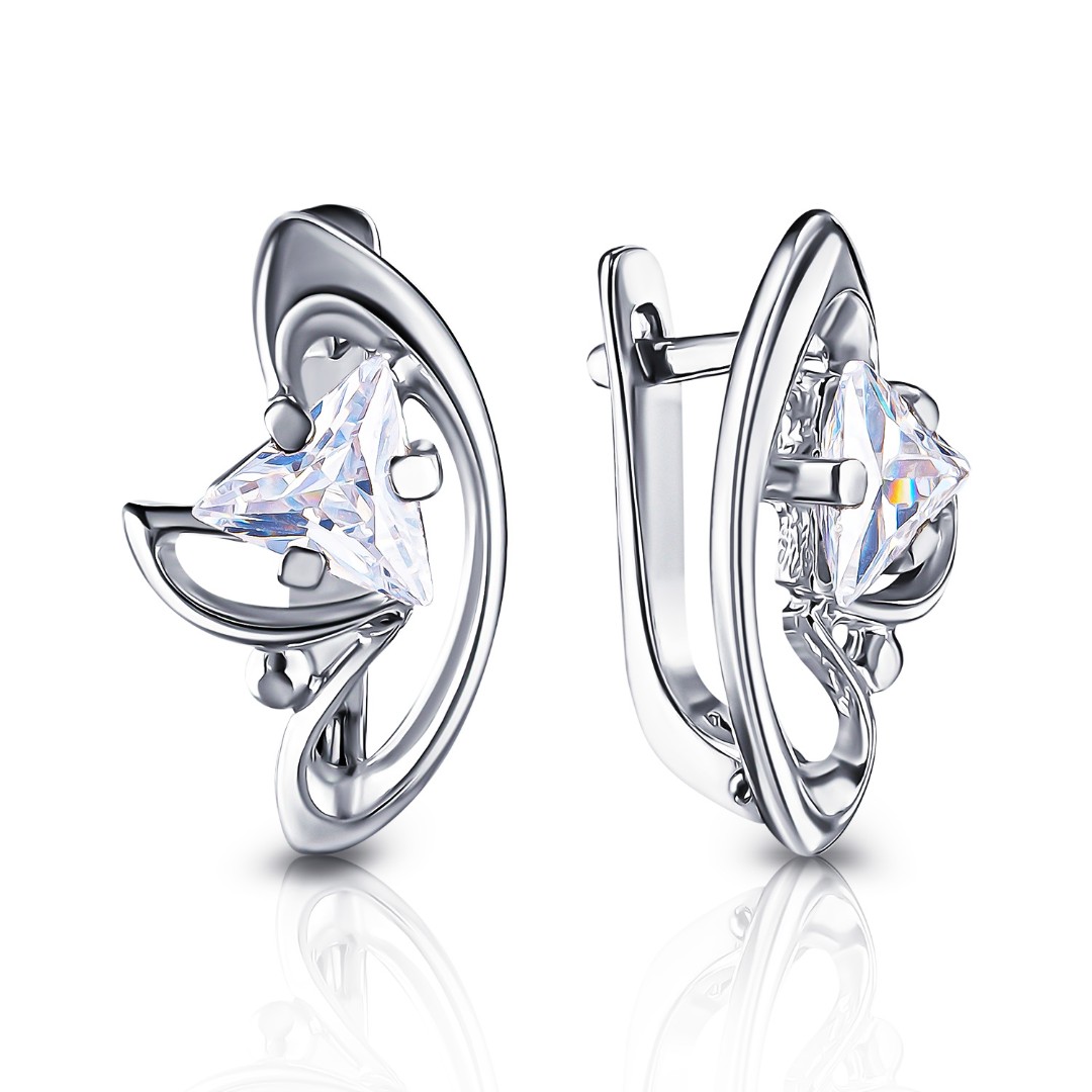 Серебряные серьги с фианитом, родий Серьги,Серебро,с вставкой Фианит,с замком Английский,РОССИЯ