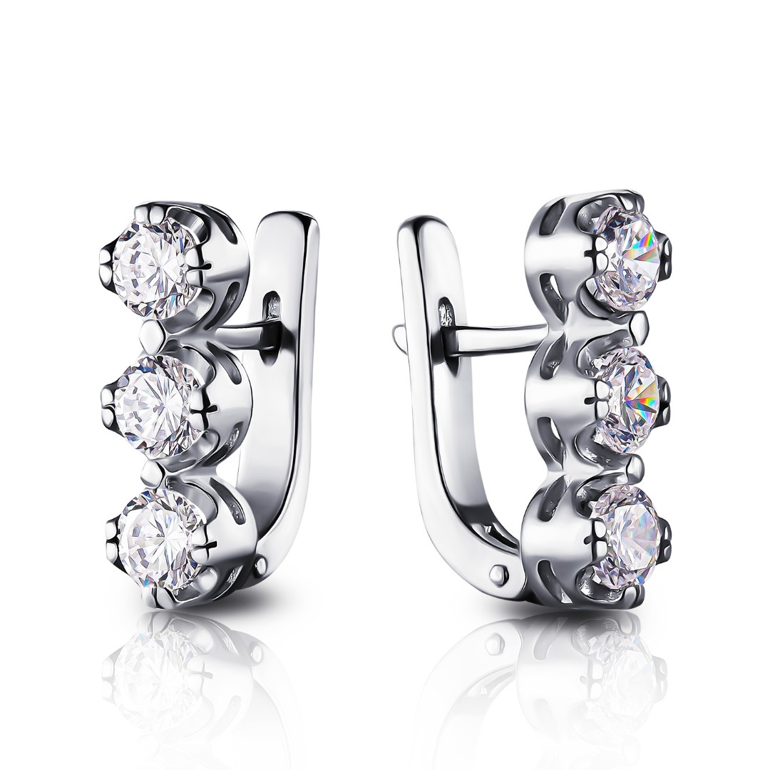 Серебряные серьги с фианитами, родий Серьги,Серебро,с вставкой Фианит,с замком Английский,РОССИЯ