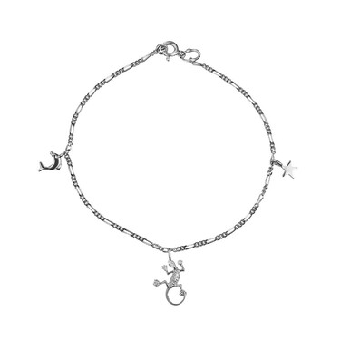 Серебряный анклет женский браслет на ногу с подвесками-ящеркой,дельфином и звездочкой, родий
