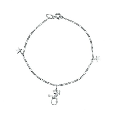 Серебряный анклет женский браслет на ногу с подвесками-ящеркой и звездочками, родий