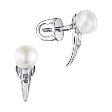 Серебряные серьги / Пусеты / Гвоздики с жемчугом и фианитами, родий