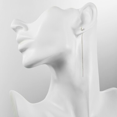 Серебряные длинные серьги-протяжки  с жемчугом, покрытие родием