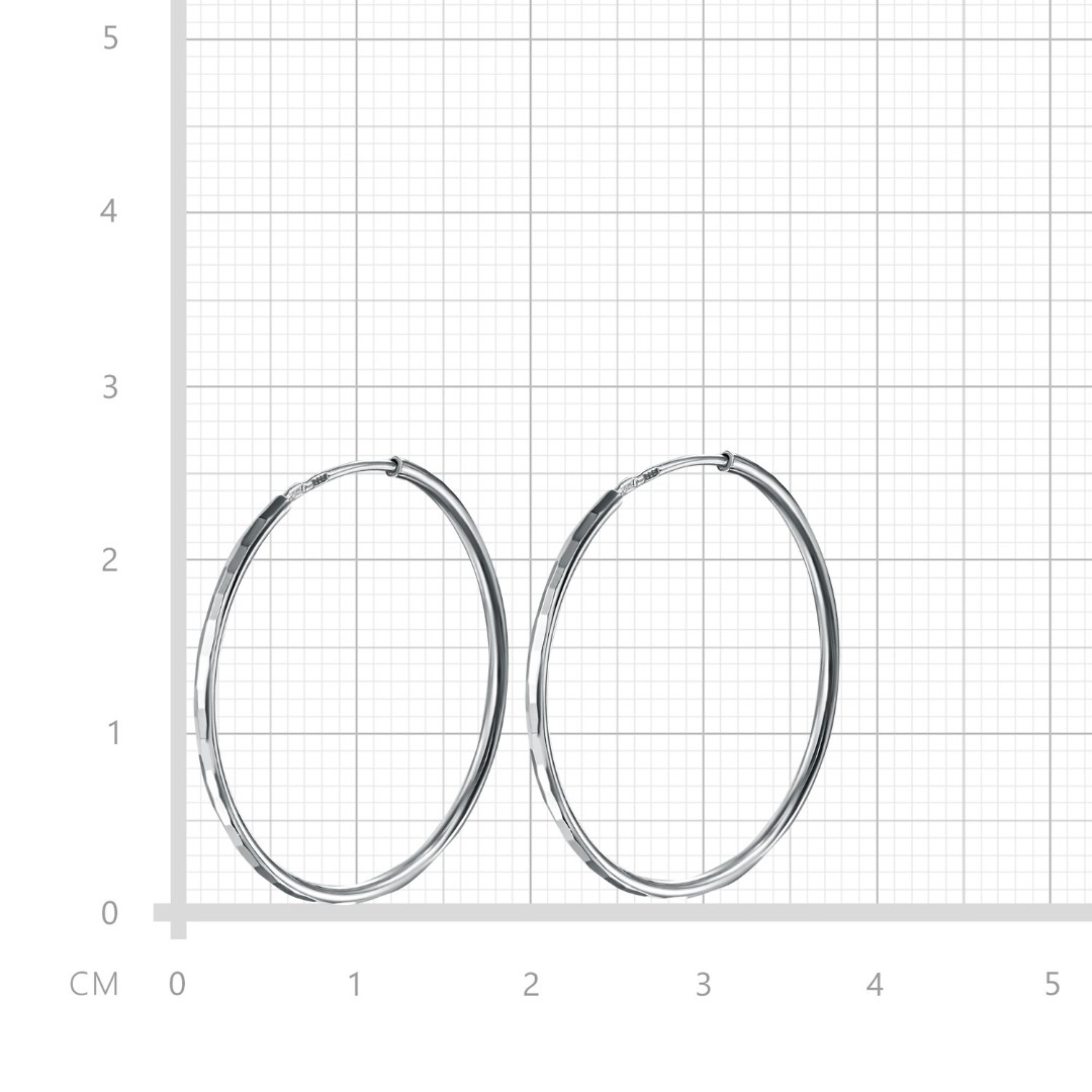 Серебряные классические серьги Кольца / Конго / Круглые с алмазной гранью, диаметр 3,5 см, родий Серьги,Серебро,с вставкой Без вставок,с замком Кольцо,Конго,РОССИЯ