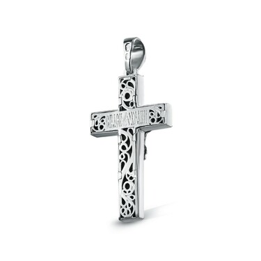Серебряный крест с распятием с агатом и фианитами, родий