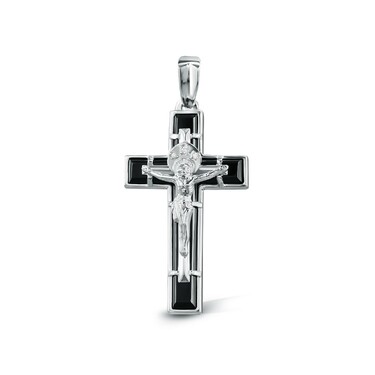 Серебряный крест с распятием с агатом и фианитами, родий