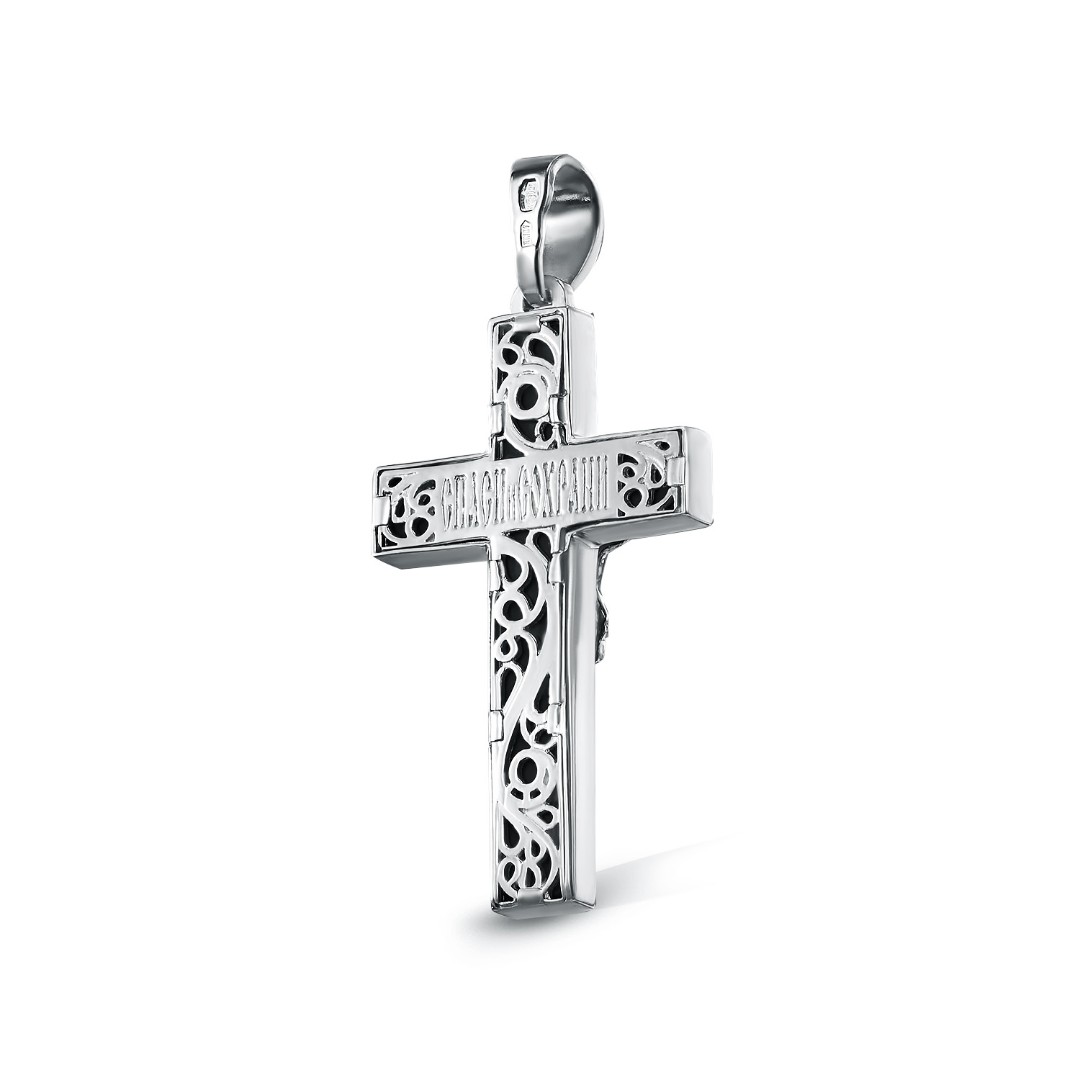 Серебряный крест с распятием с агатом и фианитами, родий Крест,Подвеска,Оберег,Серебро,с вставкой Фианит,Агат натуральный Белая,Черная цвета,РОССИЯ