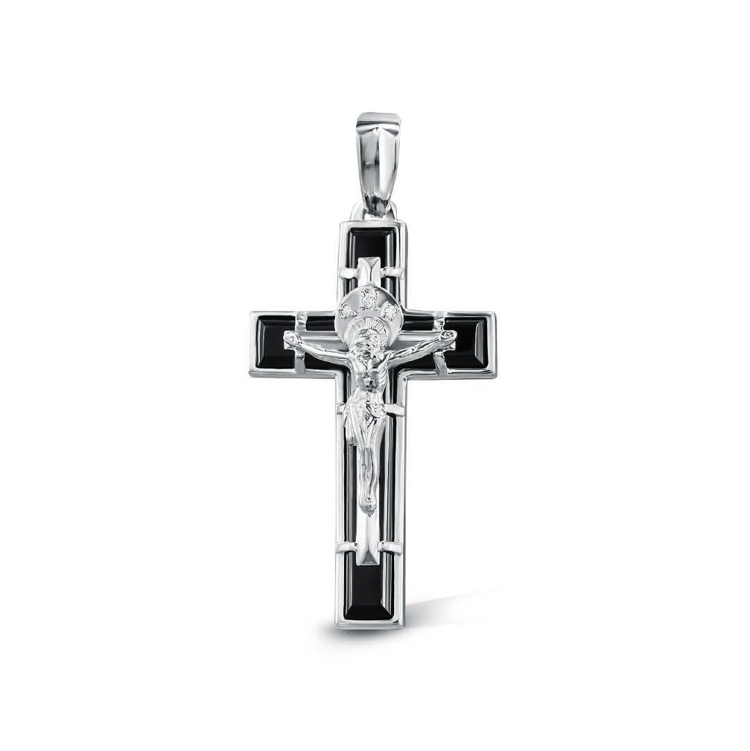 Серебряный крест с распятием с агатом и фианитами, родий Крест,Подвеска,Оберег,Серебро,с вставкой Фианит,Агат натуральный Белая,Черная цвета,РОССИЯ