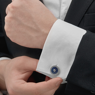 Серебряные круглые запонки Николая II с фианитами, синяя эмаль