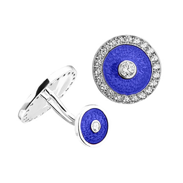 Серебряные круглые запонки Николая II с фианитами, синяя эмаль