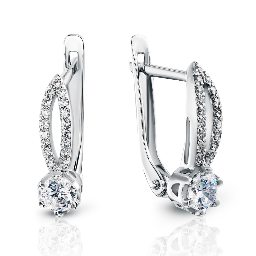 Серьги,Серебро,с вставкой Фианит Белая цвета,с замком Скоба,РОССИЯ