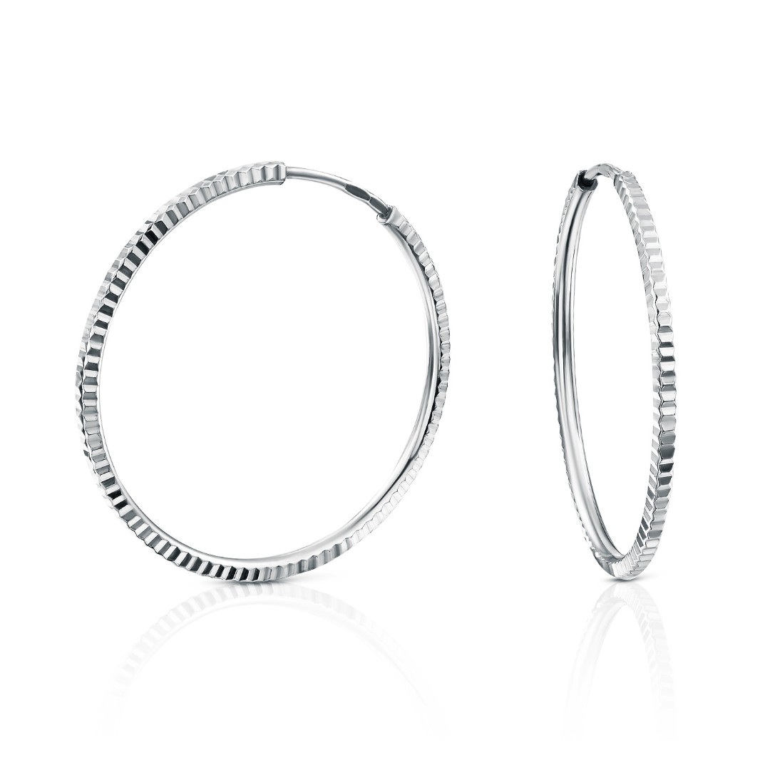 Серебряные классические серьги Кольца / Конго / Круглые с алмазной гранью, платинирование, 3 см Серьги,Серебро,с вставкой Без вставок,с замком Кольцо,Конго,РОССИЯ