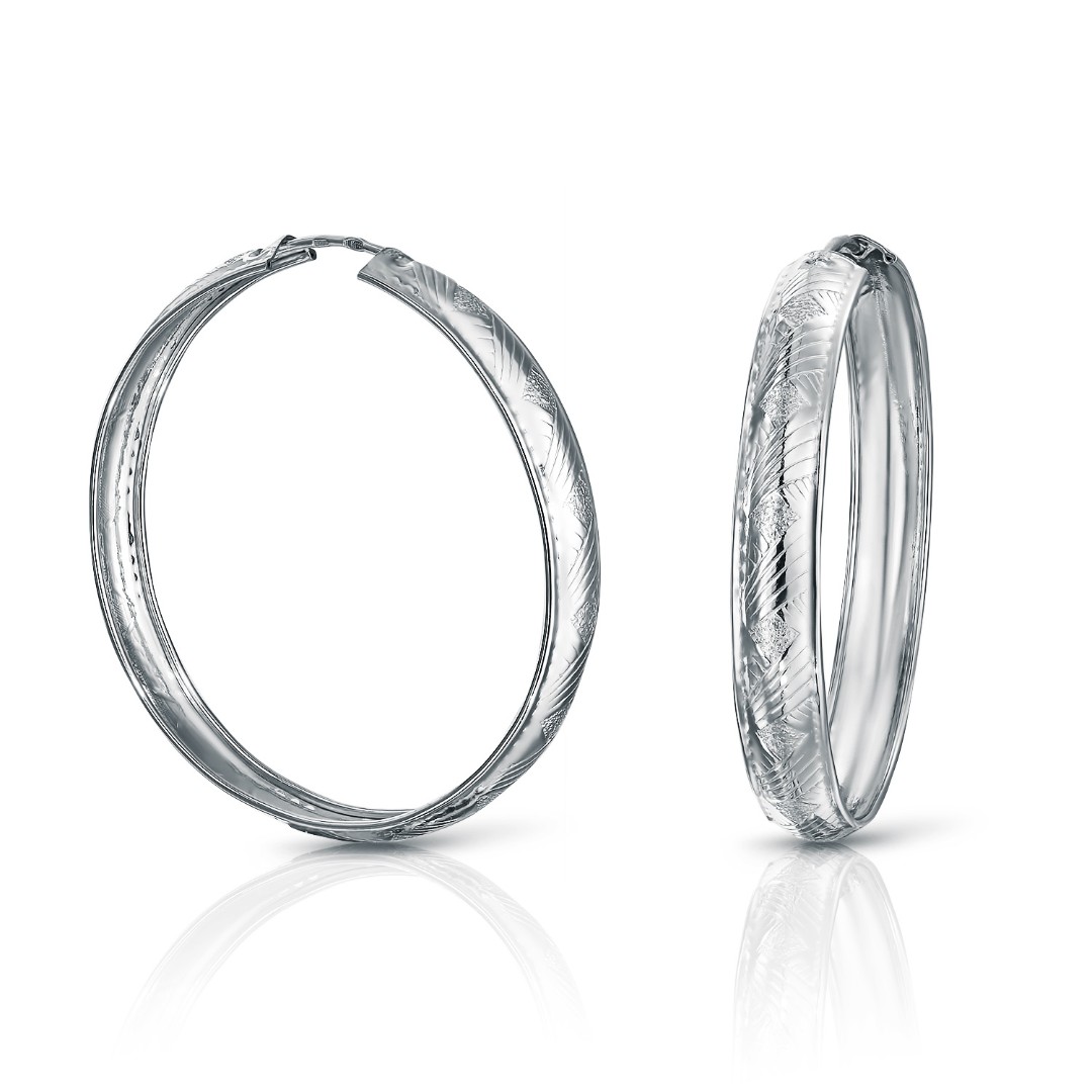 Серебряные широкие серьги Кольца / Конго / Круглые с алмазной насечекой, родий, диаметр 5 см Серьги,Серебро,с вставкой Без вставок,с замком Кольцо,Конго,РОССИЯ