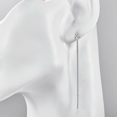 Серебряные длинные серьги-протяжки с фианитами, покрытие родием