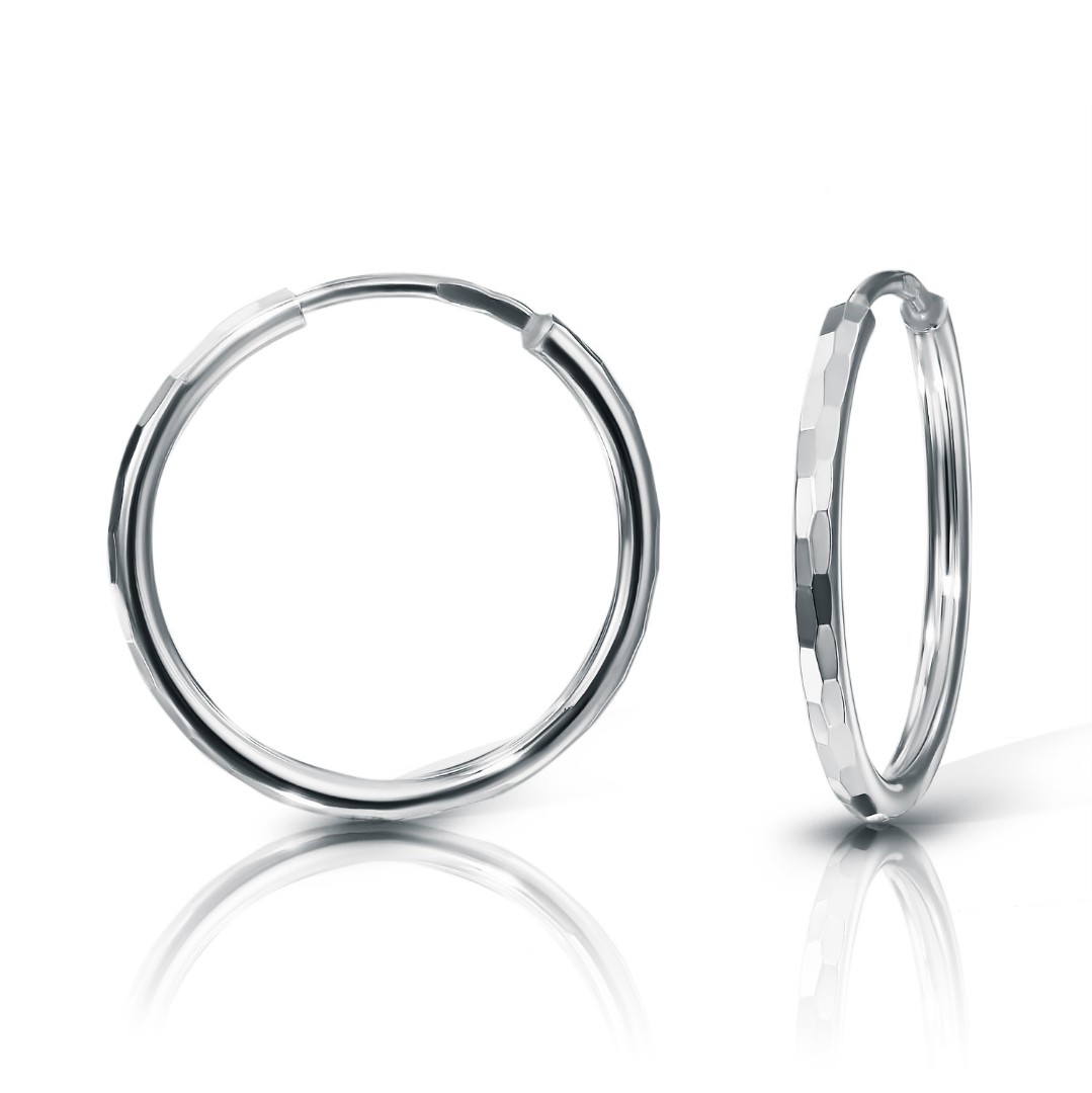 Серебряные классические серьги Кольца / Конго / Круглые с алмазной гранью, родий, 2 см Серьги,Серебро,с вставкой Без вставок,с замком Кольцо,Конго,РОССИЯ