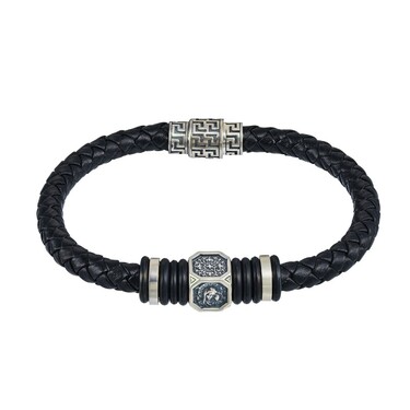 Мужской браслет из кожи с серебряной иконой Божьей Матери, на магнитном замке, ширина 0,9 см