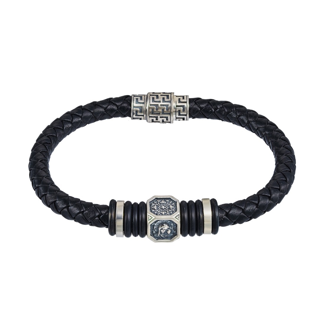 Мужской браслет из кожи с серебряной иконой Божьей Матери, на магнитном замке, ширина 0,9 см Браслет на руку,Серебро,Натуральная кожа,с вставкой Серебряная вставка,с замком Магнитный,РОССИЯ