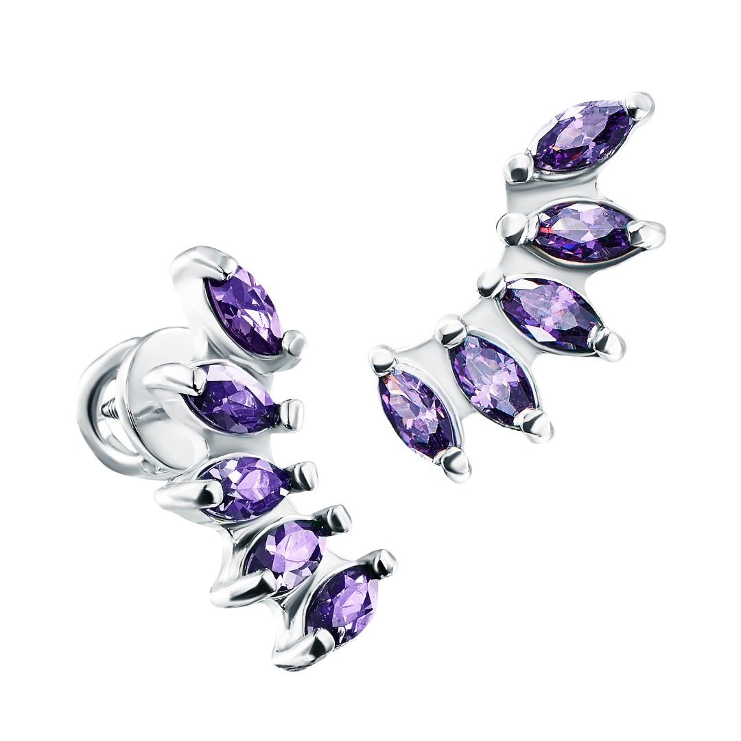 Серьги,Серьги Пусеты,Серьги Гвоздики,Серебро,с вставкой Фианит Фиолетовая цвета,с замком Пусет,Винтовой,Штыревой,Штифтовой,РОССИЯ