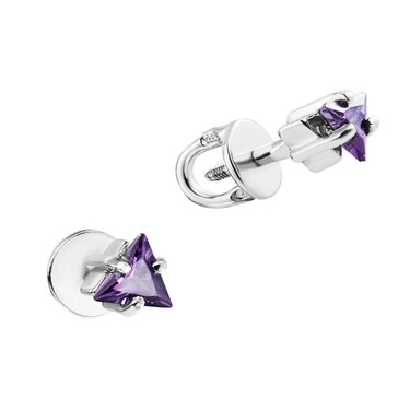 Серебряные серьги / Пусеты / Гвоздики с фиолетовым фианитом, огранка треугольник, родий