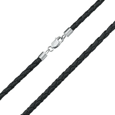 Ювелирный шнурок Гайтан черный, Натуральная плетеная кожа 3,3 мм с серебряным замком, Родирование