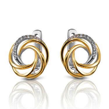 Серебряные серьги Вихрь, с цирконием, родирование и позолота