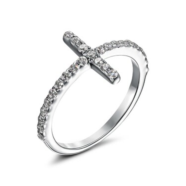 Серебряное женское кольцо Дорожки / Крестик с белыми камнями фианитами, в родии