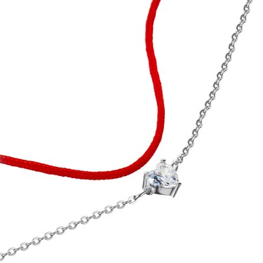 Двойной браслет из текстиля и серебряной цепочки с цирконием в виде сердечка, родий