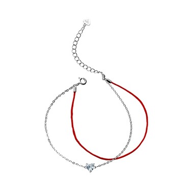 Двойной браслет из текстиля и серебряной цепочки с цирконием в виде сердечка, родий