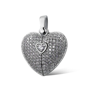 Серебряная подвеска женская "Сердце" с белым цирконием,с тайником под гравировку, родий