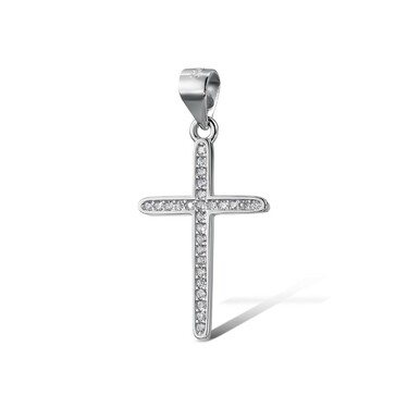 Серебряная подвеска женская "Католический Крестик" с белым цирконием, родий
