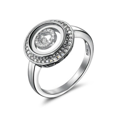 Серебряное женское кольцо c Дорожкой из цирконов в круге под стеклом, родий