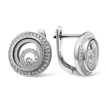 Серебряные серьги с циркониями в круге под стеклом, родий