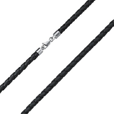 Ювелирный шнурок Гайтан черный, Натуральная плетеная кожа 3,2 мм с серебряным замком, Родирование