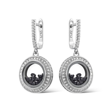 Серебряные серьги с черными циркониями под стеклом, родий